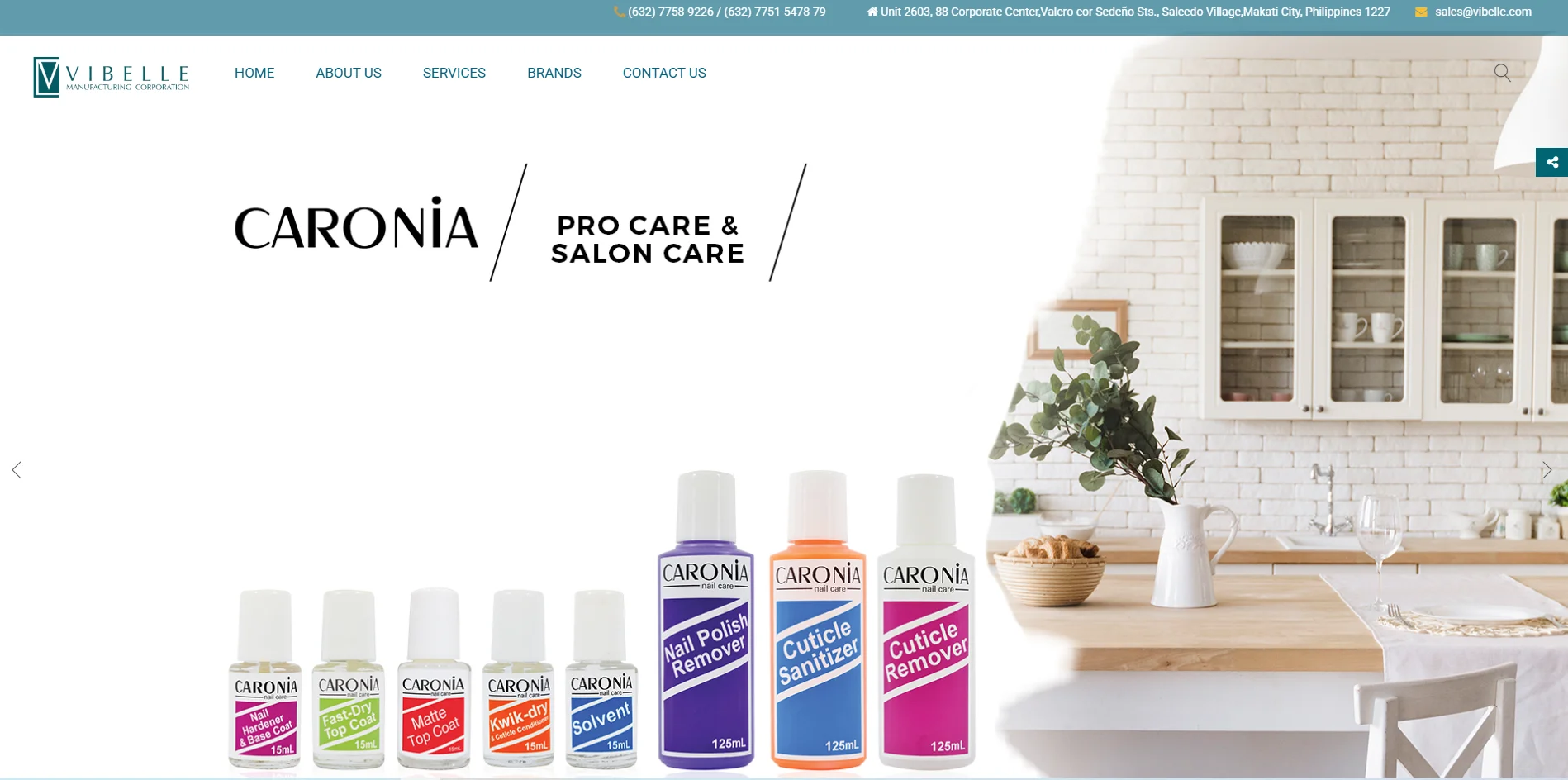 Display of Caronia nail care products including nail polish remover and cuticle remover. Kitchen setting in the background.